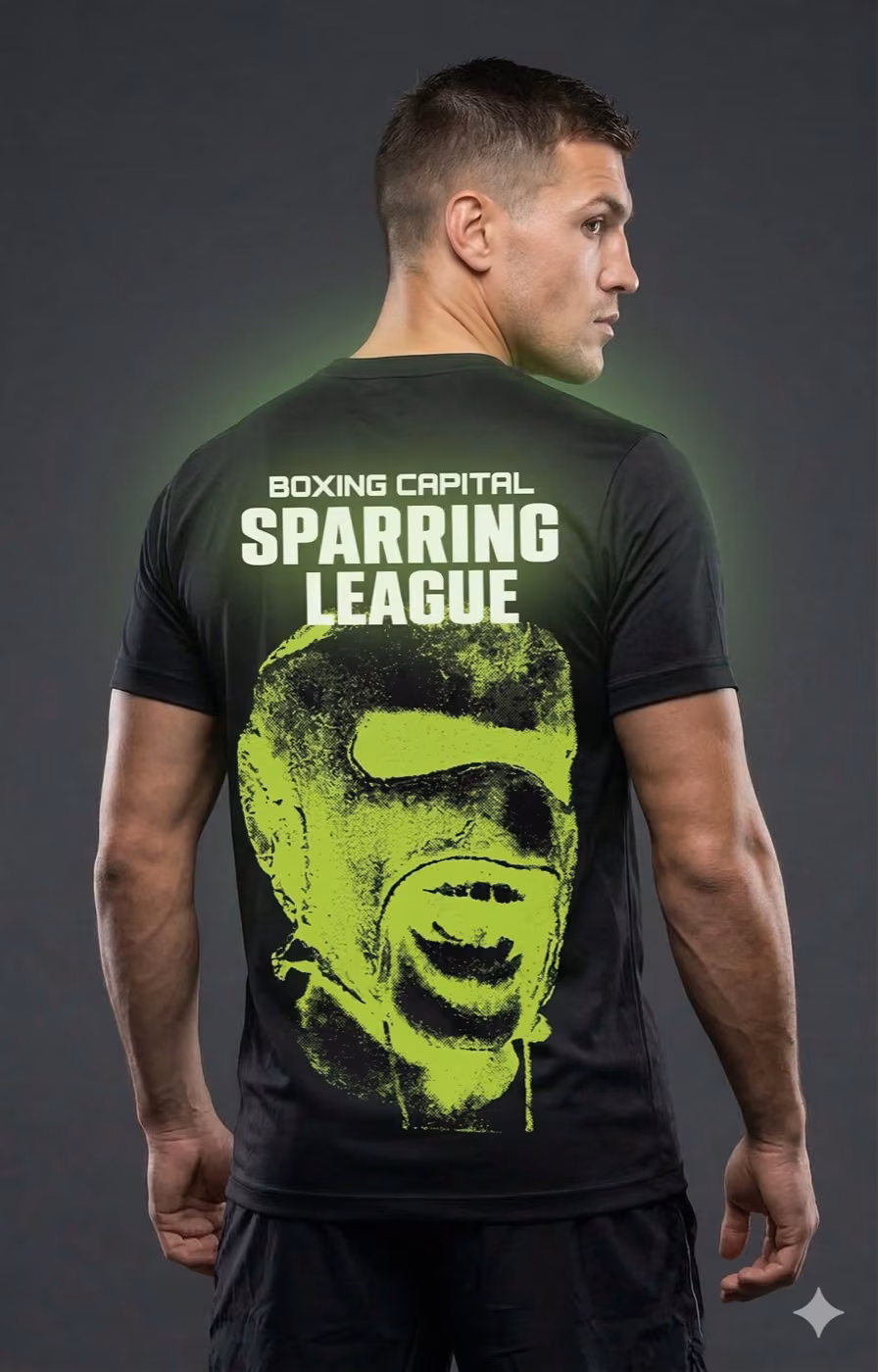 Playera Casco Acid Sparring League en modelo vista posterior